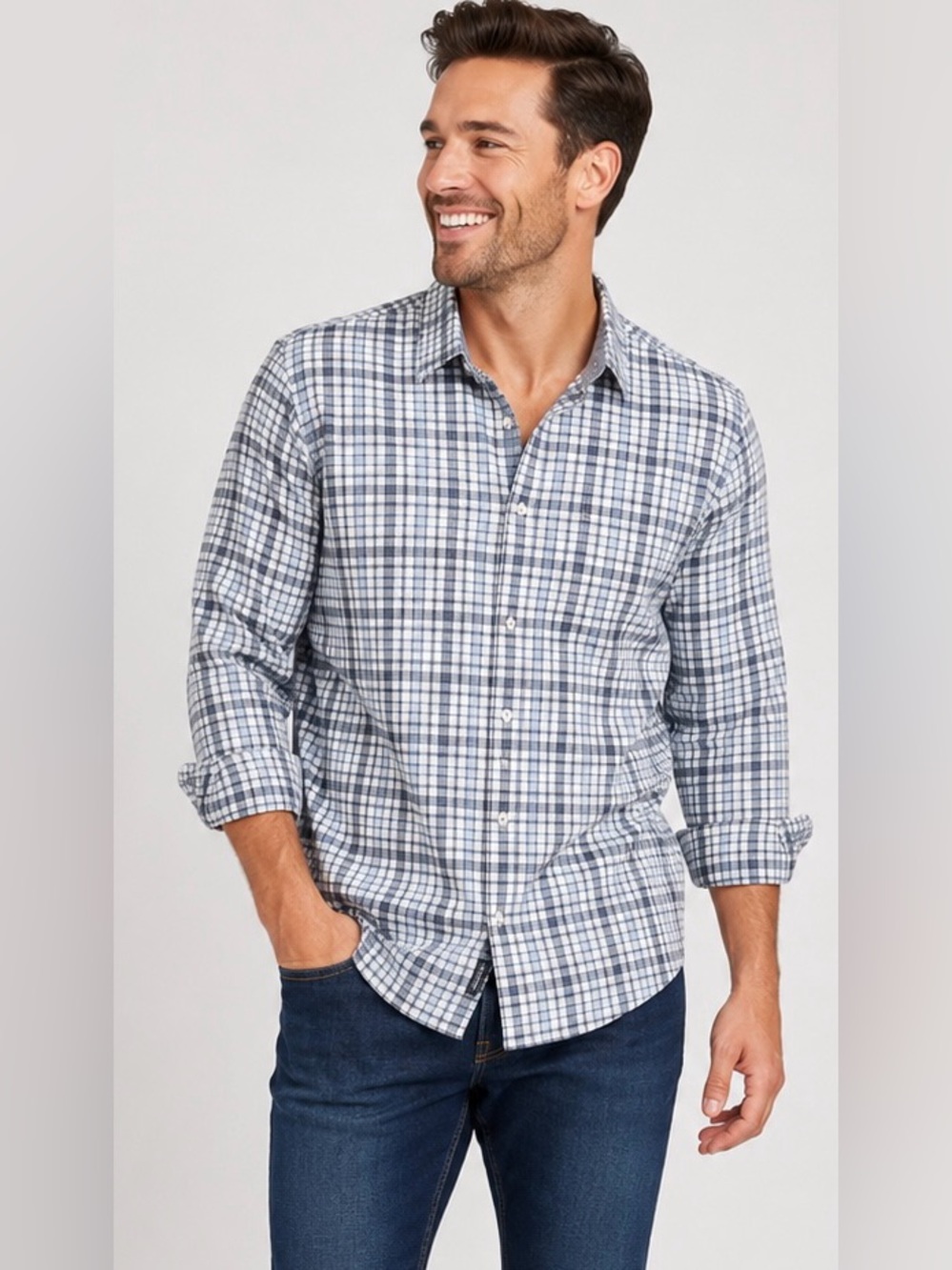 Johnston & Murphy Blue and White Plaid Button Down